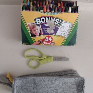 Lot of 3 school supplies - Crayola 64 crayons, pencil case, Westcott scissors